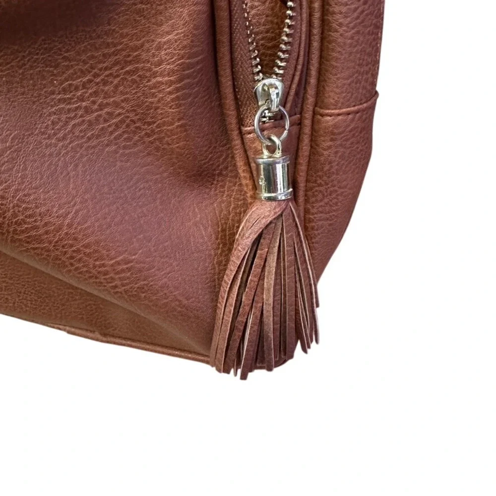Cognac Brown Faux Leather Mini Backpack BPWM173154 Tassel Detail Gold Hardware